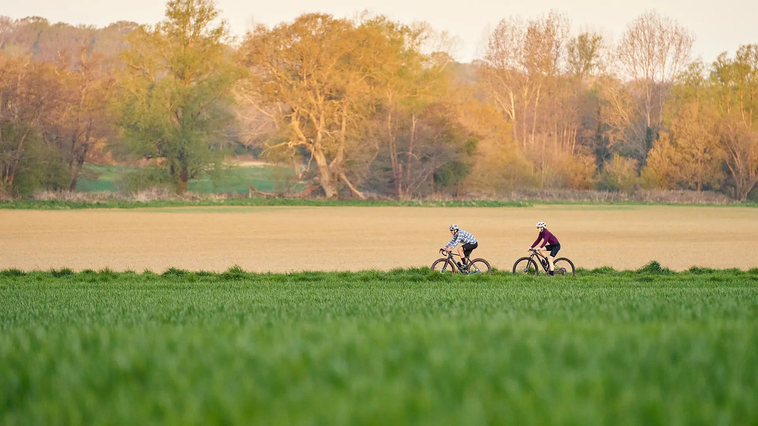 two cyclists cycling across a rural feild