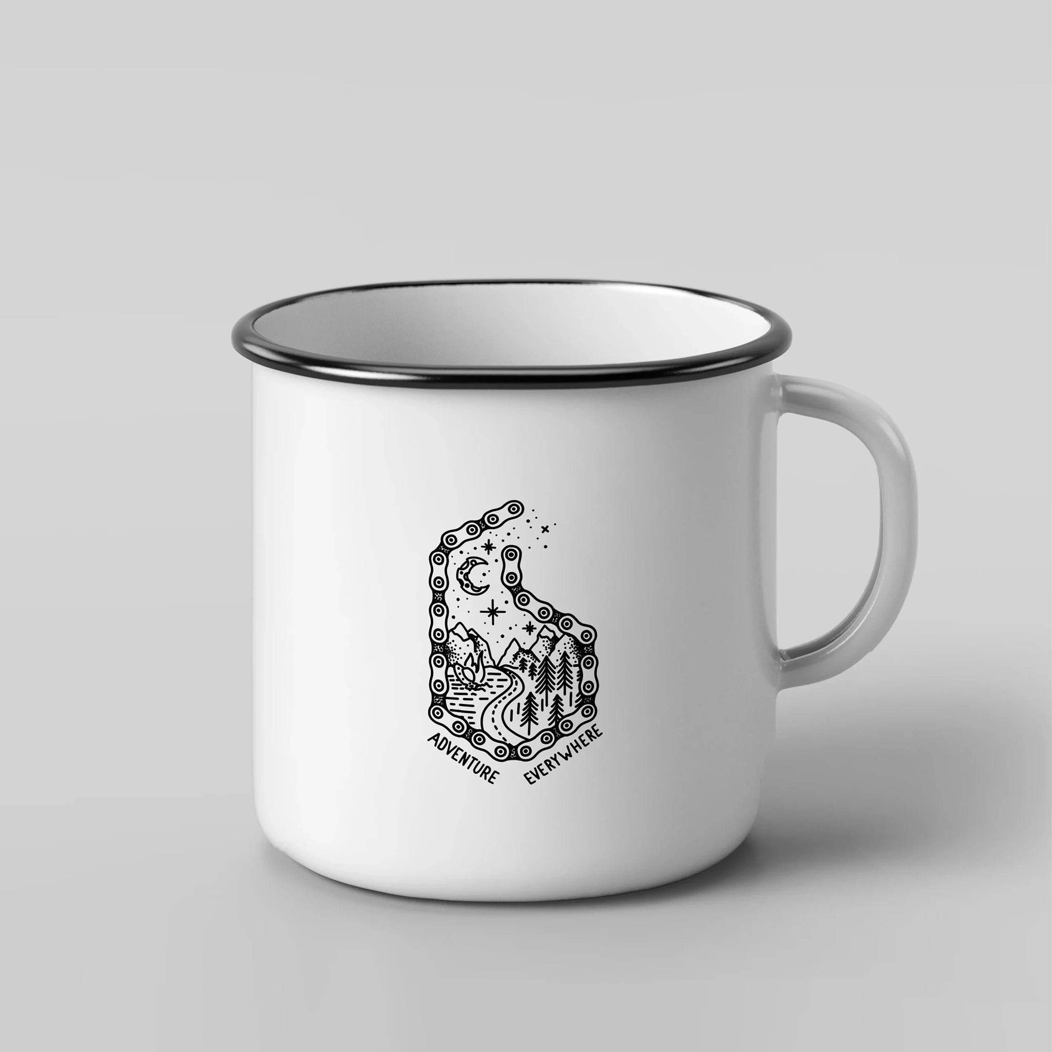 Beeline white enamel mug with adventure everywhere motif