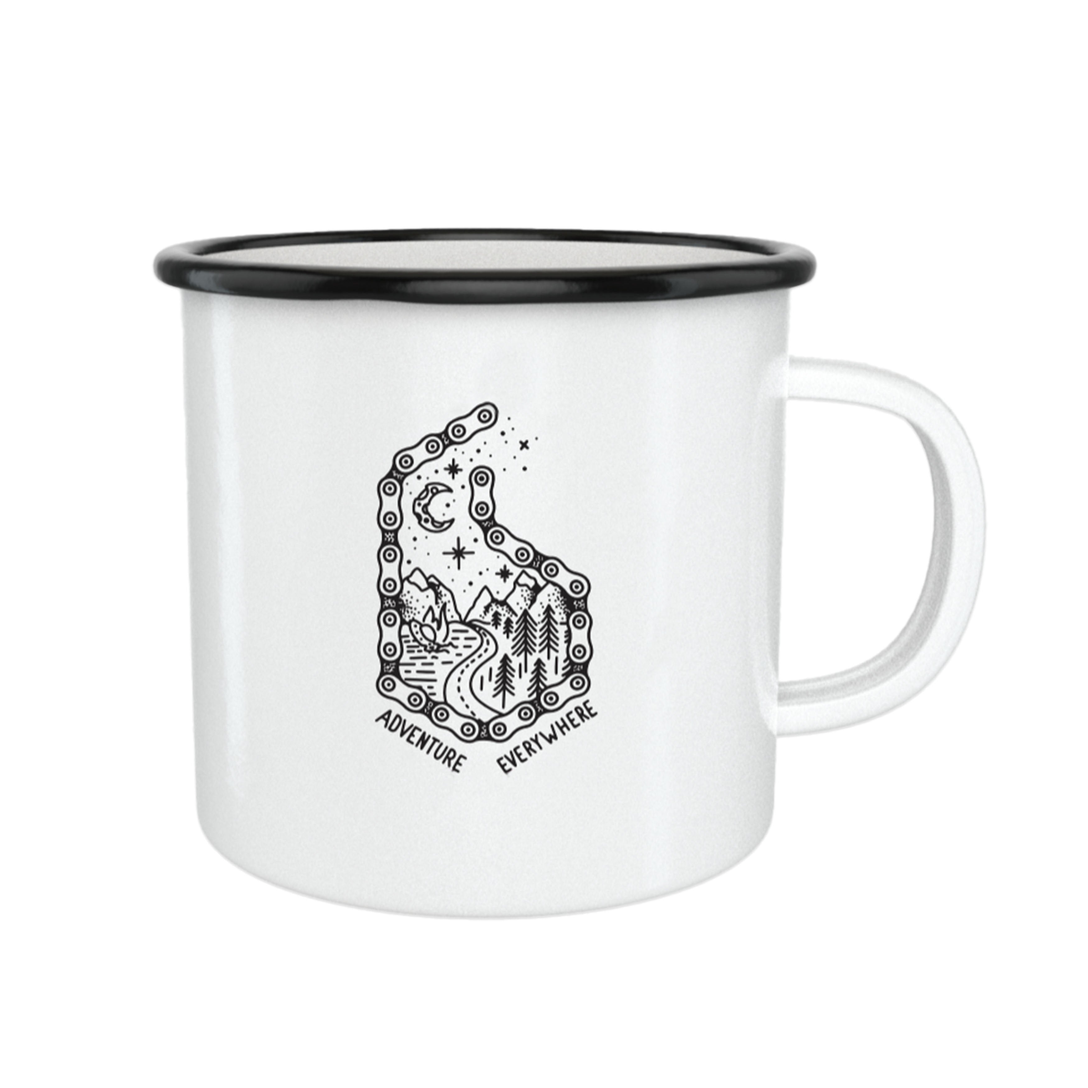 Beeline white enamel mug with adventure everywhere motif
